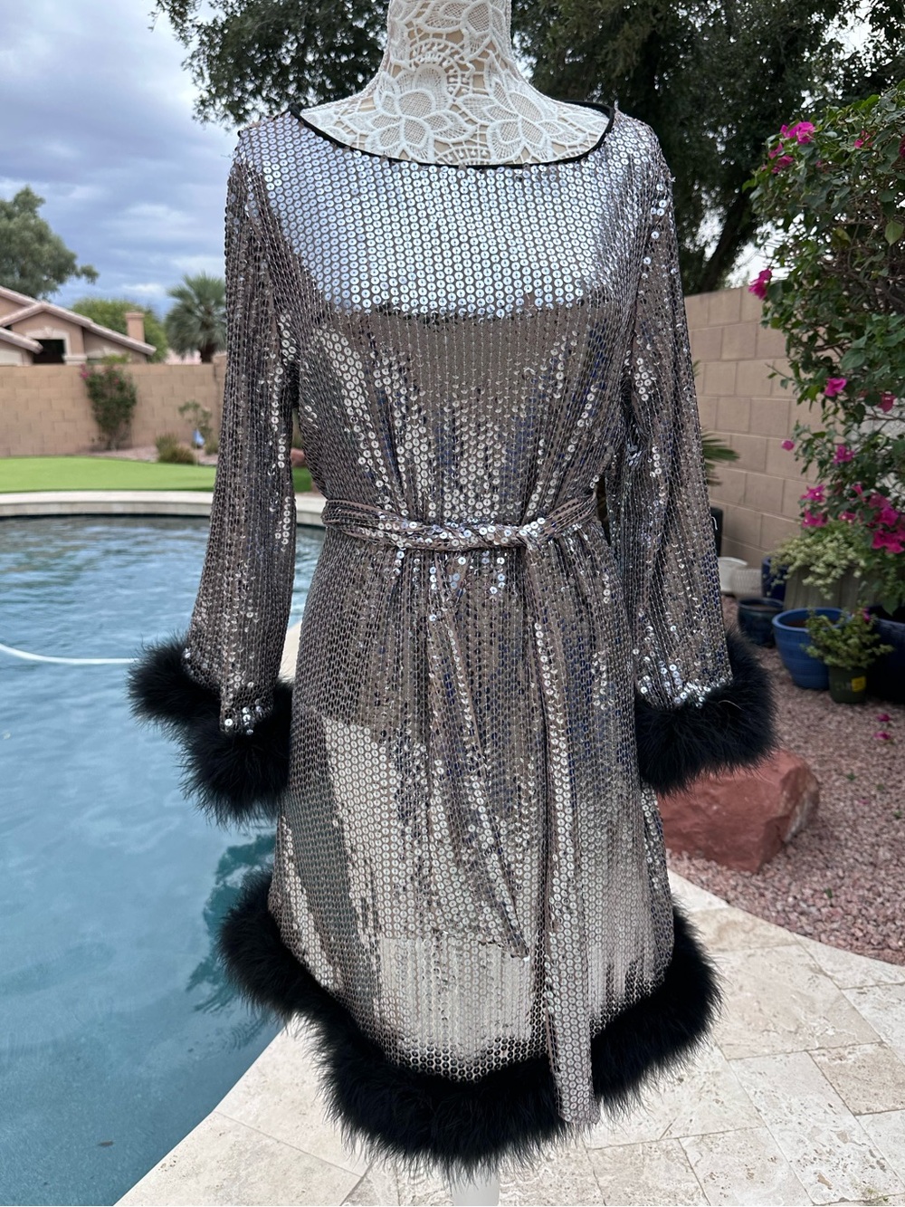 Silver sequin black feather trim Trina Turk dress